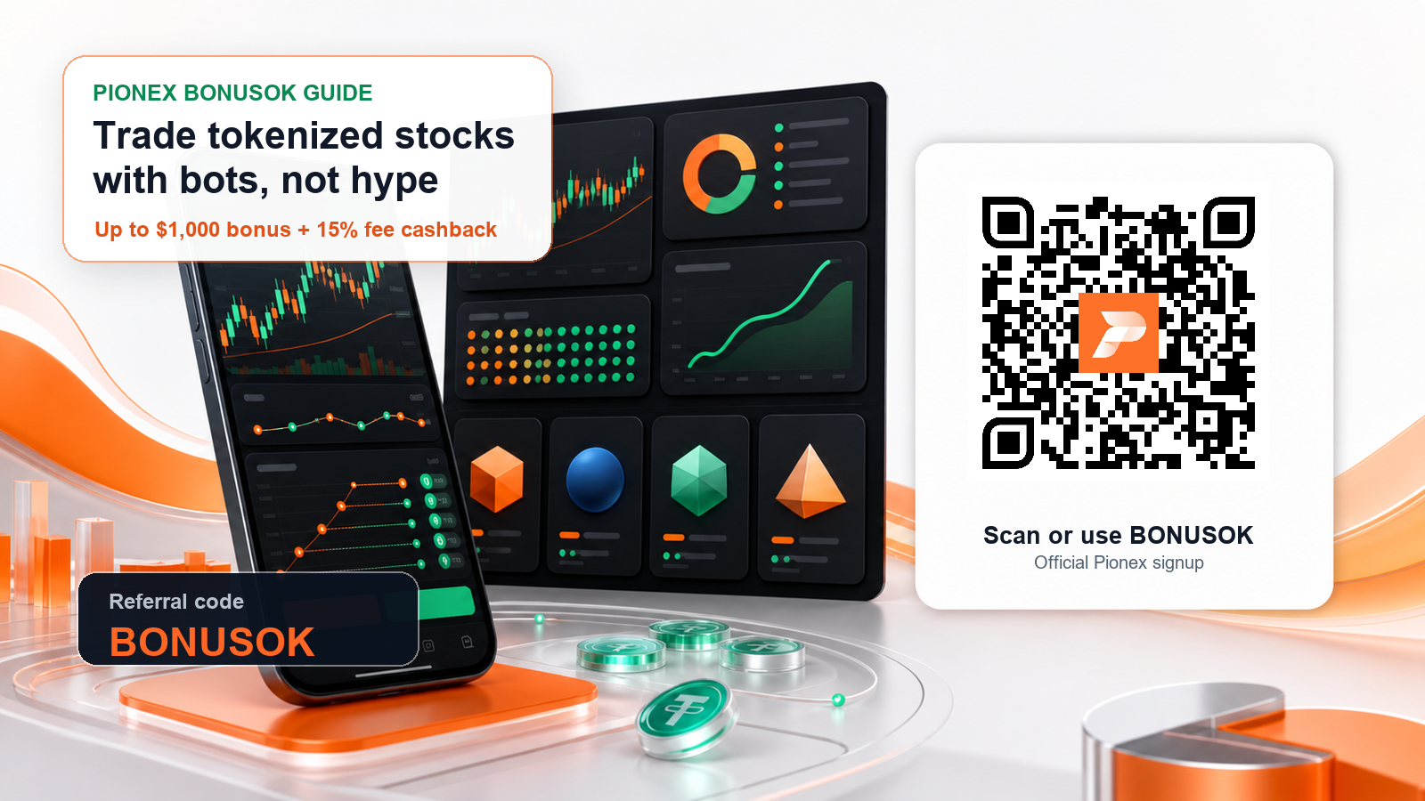 Pionex BONUSOK guide banner with bot dashboard, xStocks theme, referral code and QR code